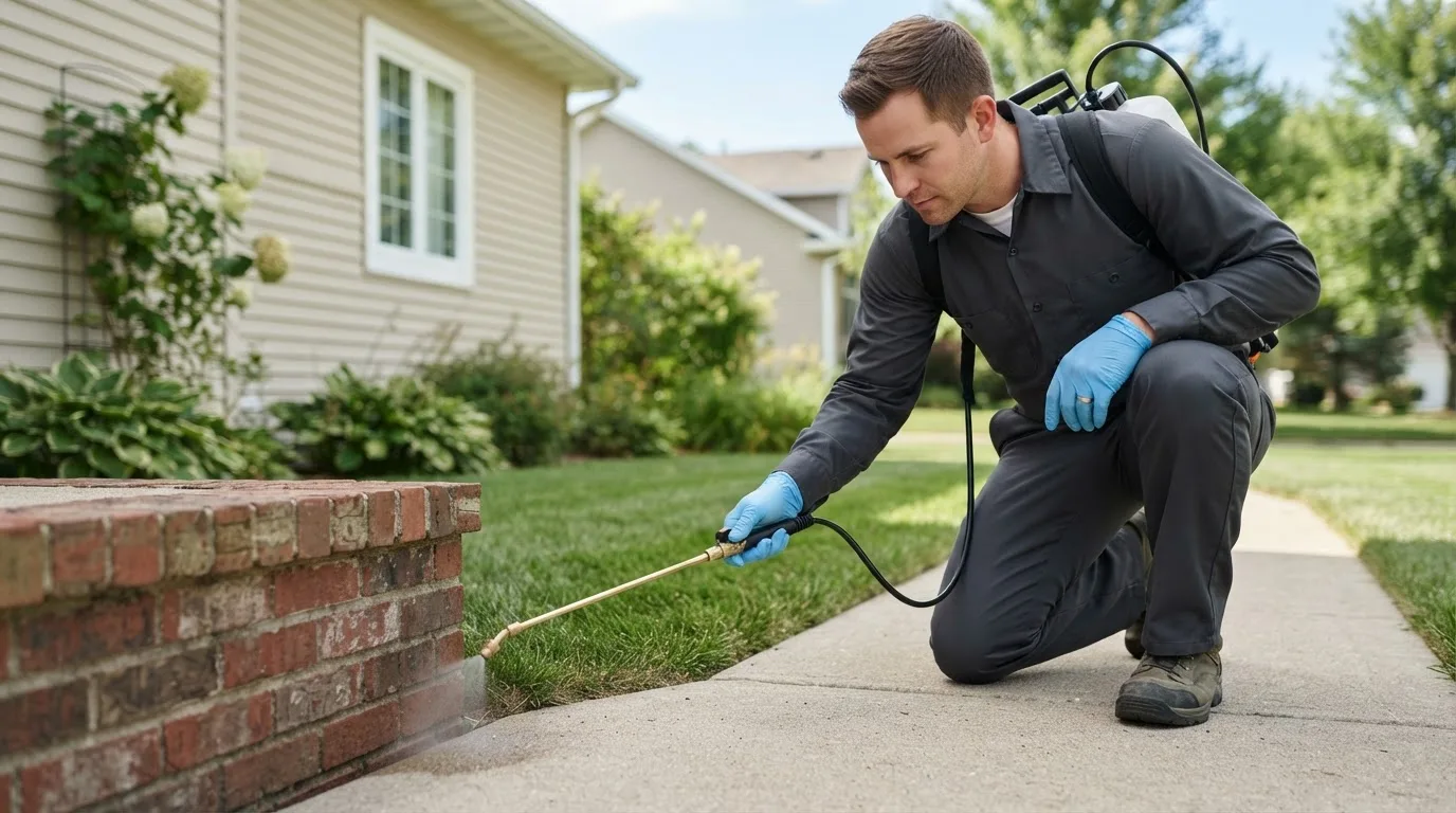 Pest control technician treating a home near Leavenworth, IN